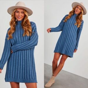 NWT SHE + SKY Blue Ribbed Knit Sweater Dress